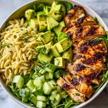 Grilled Chicken Orzo Salad with vibrant vegetables and grilled chicken