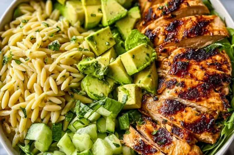 Grilled Chicken Orzo Salad with vibrant vegetables and grilled chicken