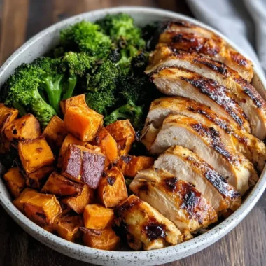 Grilled Chicken & Sweet Potato Bowl with vibrant vegetables