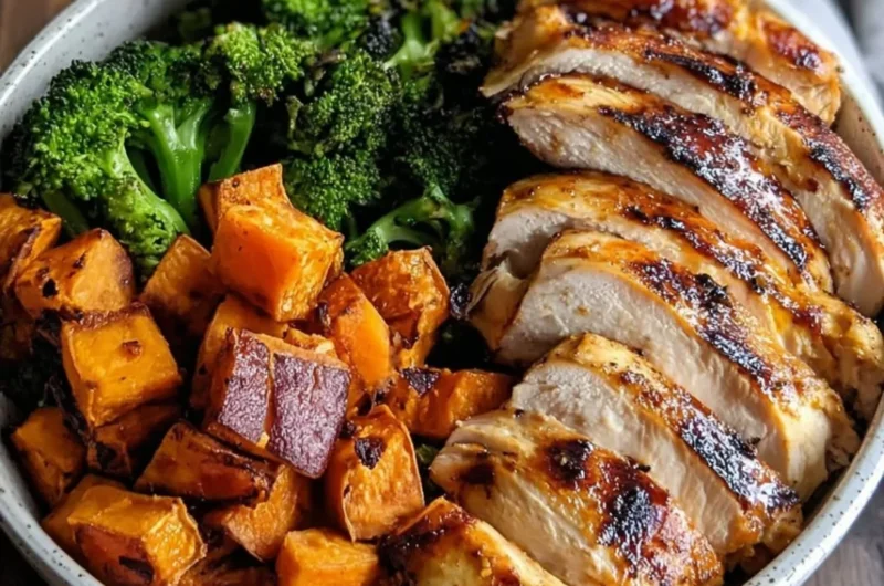 Grilled Chicken & Sweet Potato Bowl with vibrant vegetables