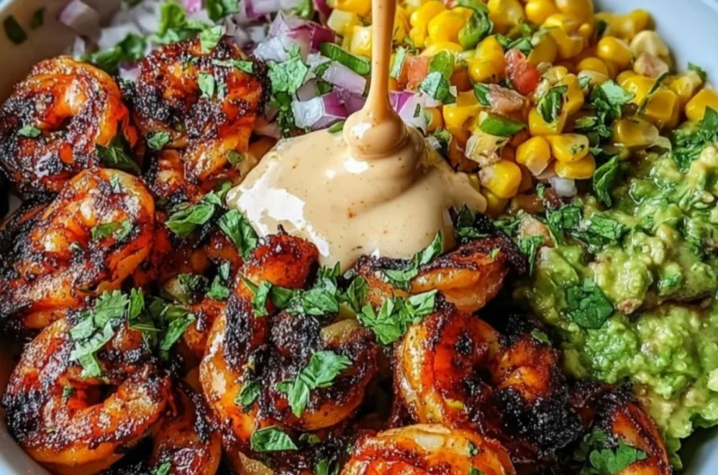 Grilled shrimp bowl with avocado, corn salsa and creamy garlic sauce