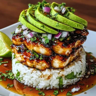 Delicious Honey Lime Chicken and Avocado Rice Stack served on a plate