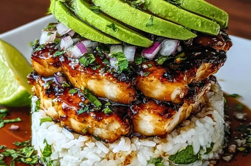 Delicious Honey Lime Chicken and Avocado Rice Stack served on a plate