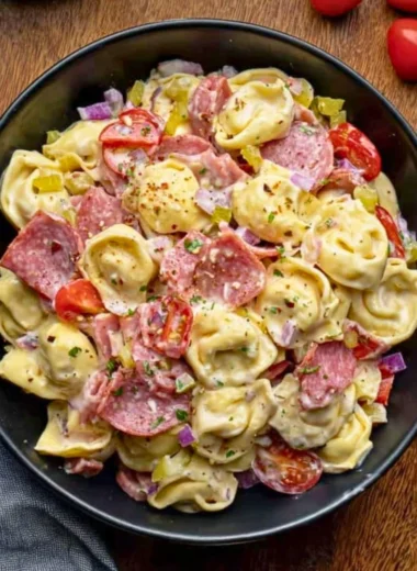 Italian Grinder Tortellini Salad with vegetables and dressing