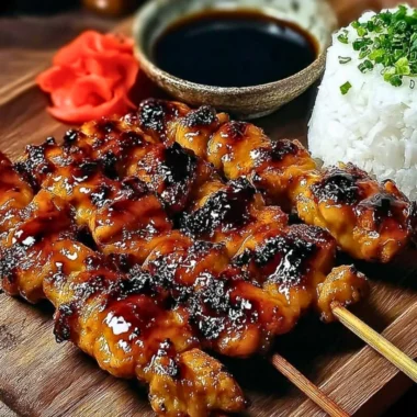 Delicious chicken yakitori skewers ready to be enjoyed in a Japanese-style dish.