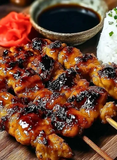Delicious chicken yakitori skewers ready to be enjoyed in a Japanese-style dish.
