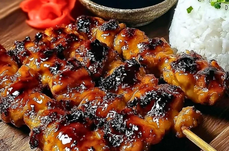 Delicious chicken yakitori skewers ready to be enjoyed in a Japanese-style dish.