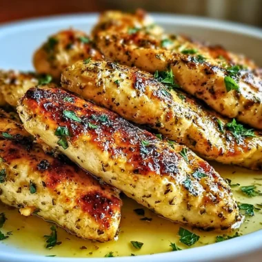 Plate of juicy Greek chicken tenders garnished with herbs and lemon.