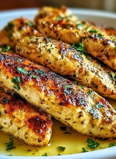 Plate of juicy Greek chicken tenders garnished with herbs and lemon.