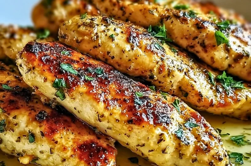 Plate of juicy Greek chicken tenders garnished with herbs and lemon.