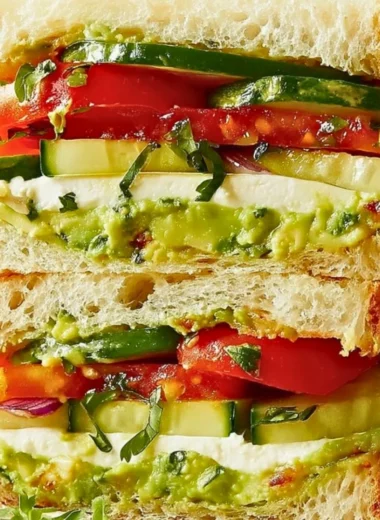 Loaded cucumber and avocado sandwich with fresh herbs and veggies on whole grain bread