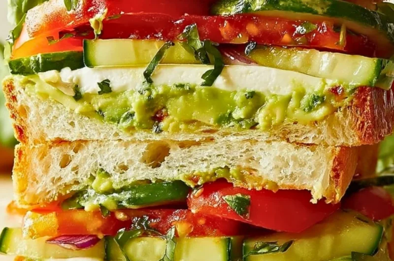 Loaded cucumber and avocado sandwich with fresh herbs and veggies on whole grain bread