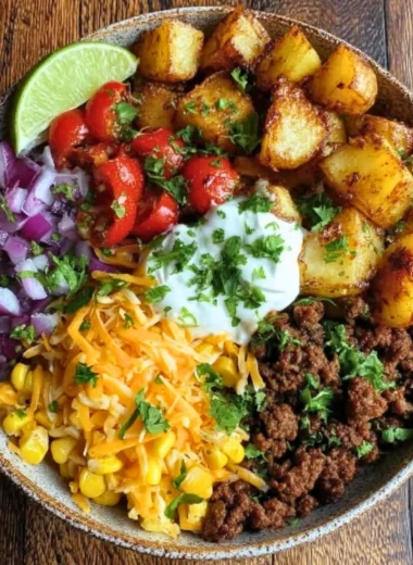 Delicious Loaded Potato Taco Bowl with toppings