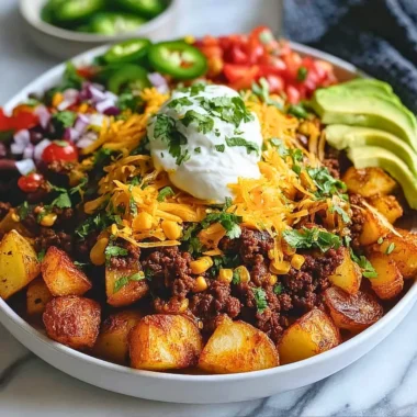 Loaded Potato Taco Bowl with crispy potatoes and fresh toppings
