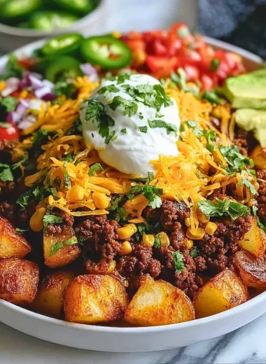 Loaded Potato Taco Bowl with crispy potatoes and fresh toppings
