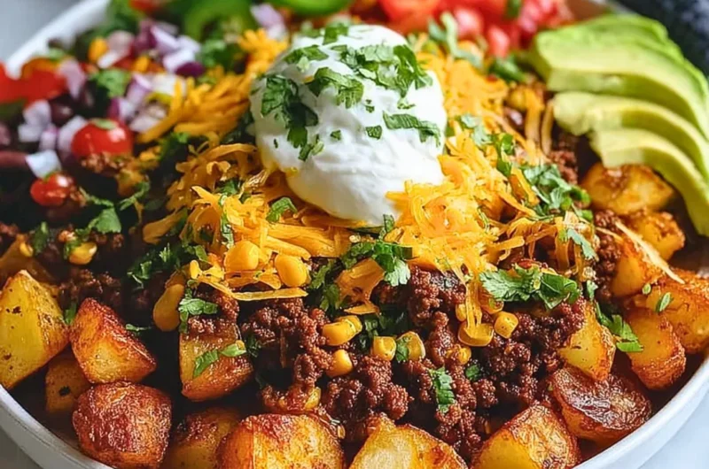 Loaded Potato Taco Bowl with crispy potatoes and fresh toppings