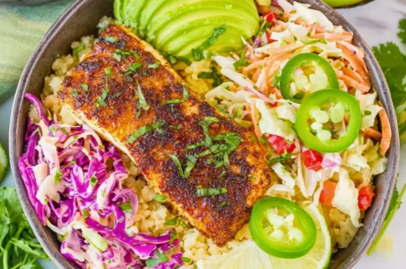 Low carb fish taco bowls topped with fresh ingredients and vibrant flavors