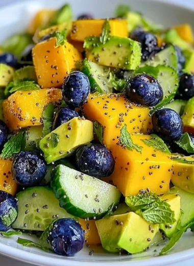 Mango Cucumber Salad with Blueberries and Avocado in a bowl