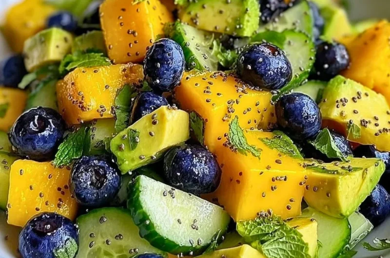 Mango Cucumber Salad with Blueberries and Avocado in a bowl