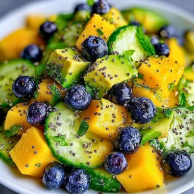 Mango Cucumber Salad with Blueberries and Avocado in a colorful bowl