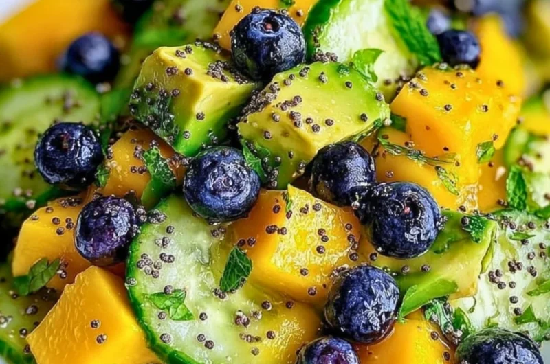 Mango Cucumber Salad with Blueberries and Avocado in a colorful bowl