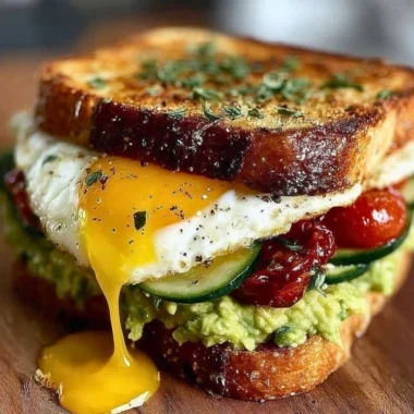 Mediterranean breakfast sandwich with fresh ingredients on a plate
