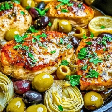 Delicious Mediterranean Chicken dish garnished with fresh herbs and vegetables.
