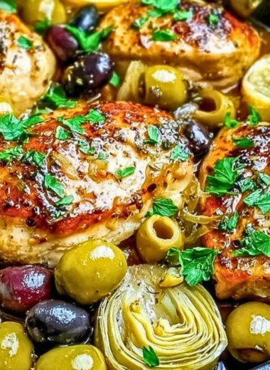 Delicious Mediterranean Chicken dish garnished with fresh herbs and vegetables.