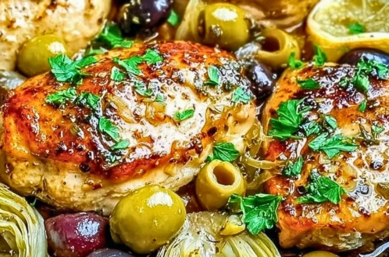 Delicious Mediterranean Chicken dish garnished with fresh herbs and vegetables.