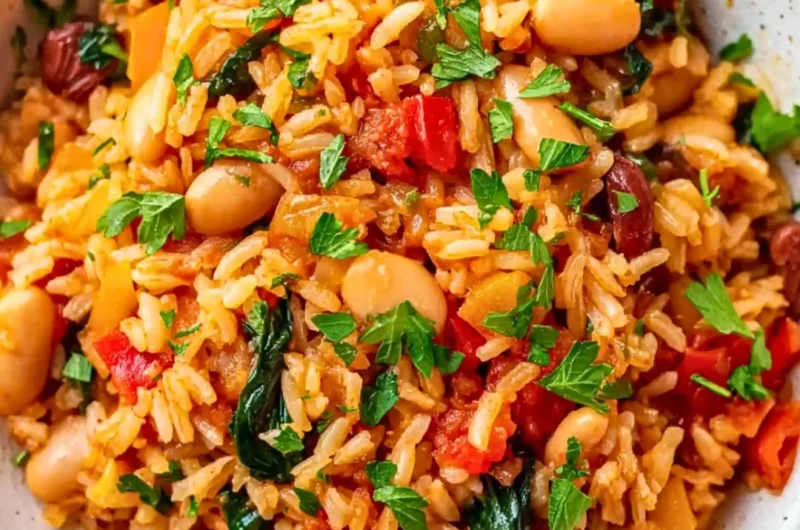 A colorful bowl of Mediterranean Rice and Beans topped with fresh herbs.