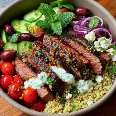 Mediterranean steak bowls with fresh vegetables and herbs