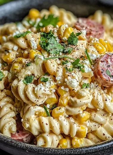 Delicious Mexican Street Corn Pasta Salad with vibrant ingredients and spices.