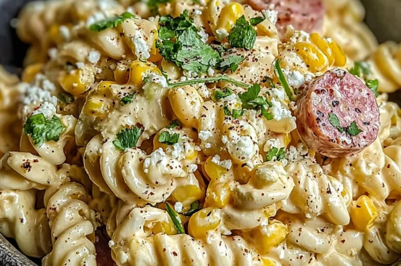 Delicious Mexican Street Corn Pasta Salad with vibrant ingredients and spices.