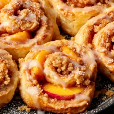 Delicious peach cobbler cinnamon rolls topped with glaze and fresh peaches