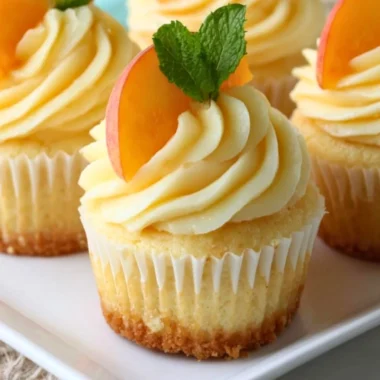 Delicious Peach Honey Cheesecake Cupcakes topped with fresh peaches