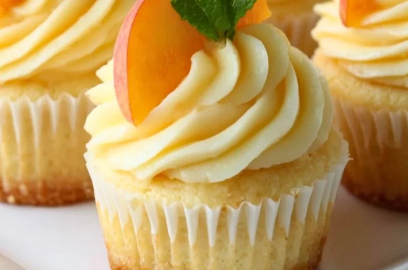 Delicious Peach Honey Cheesecake Cupcakes topped with fresh peaches