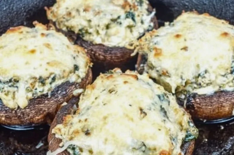Delicious ricotta stuffed portobello mushrooms on a plate, garnished with herbs.