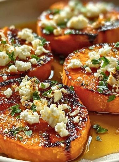 Roasted sweet potato rounds with honey and feta cheese on a plate