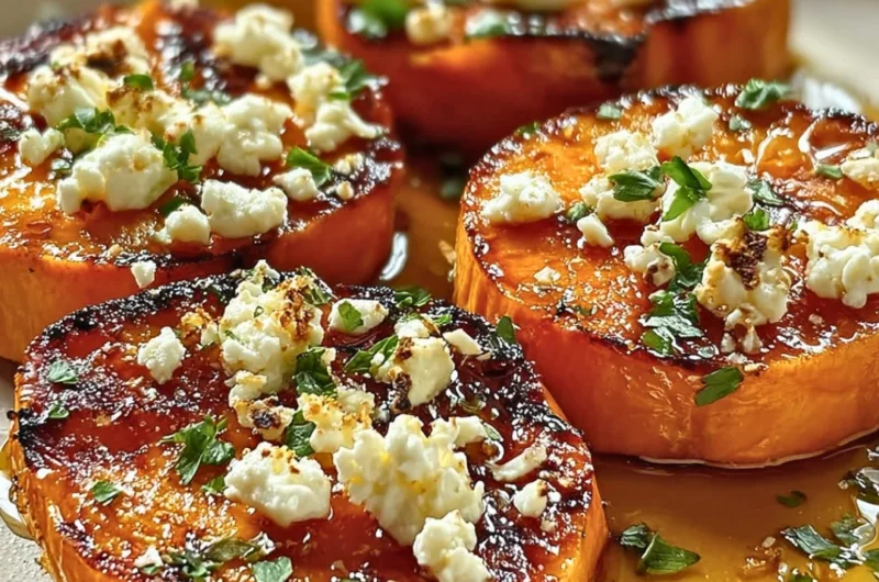 Roasted sweet potato rounds with honey and feta cheese on a plate