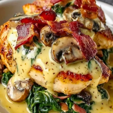 Plate of smothered chicken with creamed spinach, bacon, and mushrooms