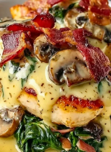 Plate of smothered chicken with creamed spinach, bacon, and mushrooms