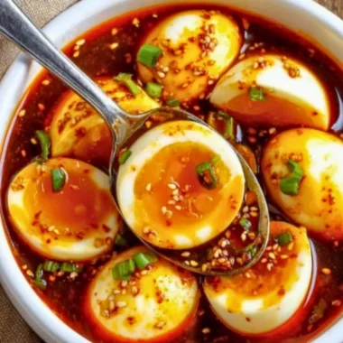 Plate of spicy gochujang eggs garnished with green onions and sesame seeds
