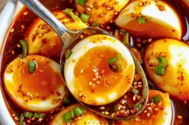 Plate of spicy gochujang eggs garnished with green onions and sesame seeds