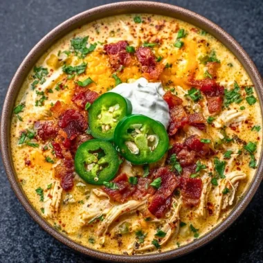 Bowl of delicious spicy Jalapeno Popper Chicken Soup topped with cheese and jalapenos.