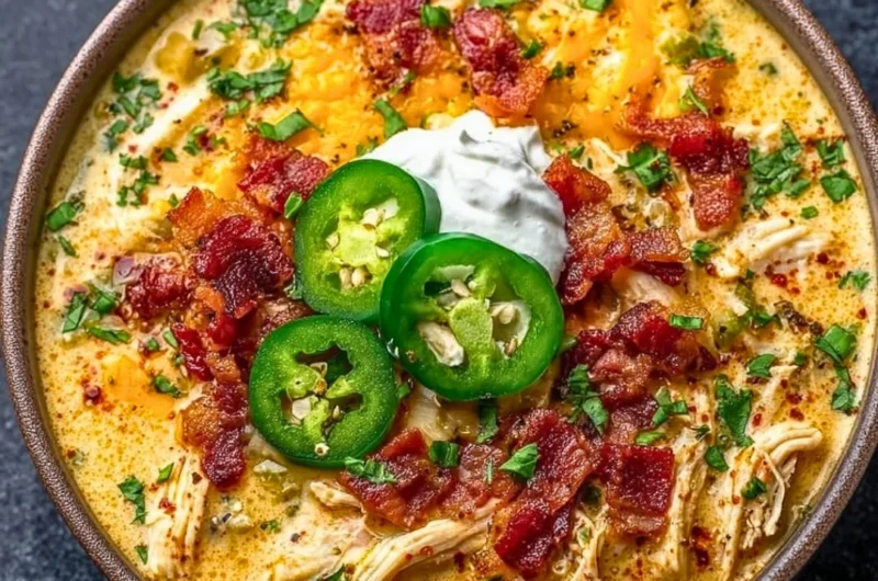 Bowl of delicious spicy Jalapeno Popper Chicken Soup topped with cheese and jalapenos.