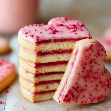 Freshly baked strawberry shortbread cookies on a cooling rack.