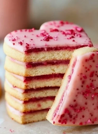 Freshly baked strawberry shortbread cookies on a cooling rack.