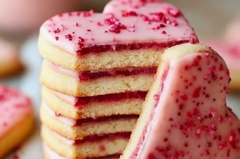 Freshly baked strawberry shortbread cookies on a cooling rack.