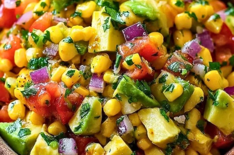 Colorful summer corn salad with fresh vegetables and a light dressing