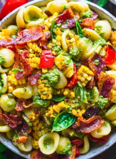Summer pasta salad with corn, bell pepper, bacon, and creamy pesto dressing in a bowl.
